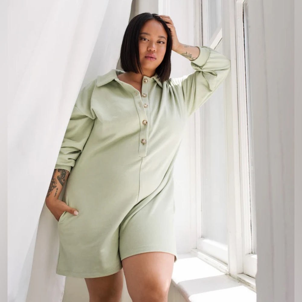 DailyStory women’s matcha green Buttoned Long Sleeve Polo River Romper M